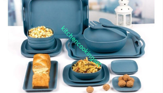 أواني الطعام يمكن التخلص منها من الخيزران الآمن ، مجموعة أدوات المائدة المصنوعة من الخيزران الأزرق الداكن